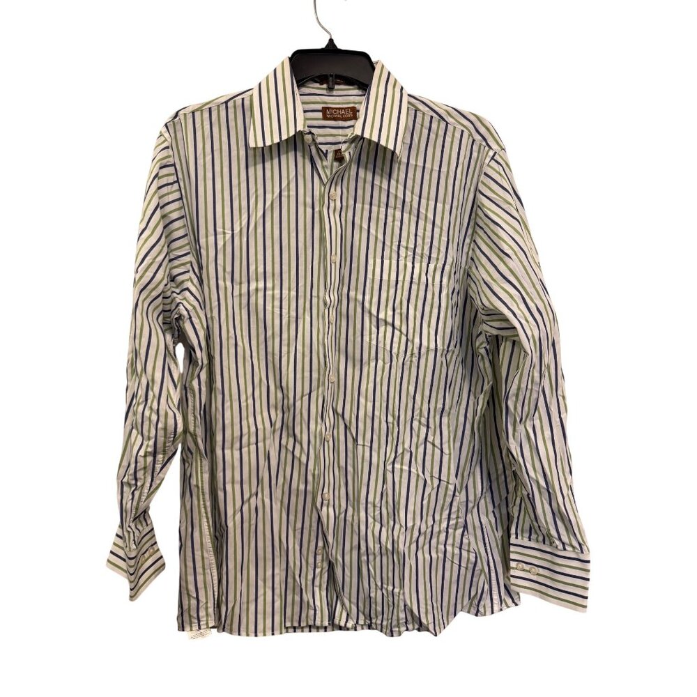 Michael Kors Mens XL Button-Down Shirt Blue & Green Striped 100% Cotton Made In